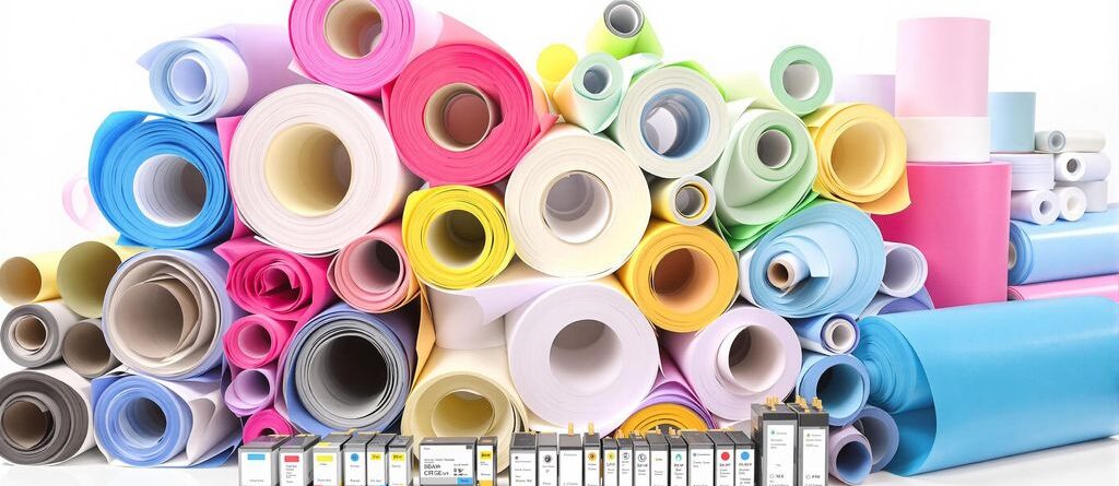 Rolls of colorful paper and ink cartridges.