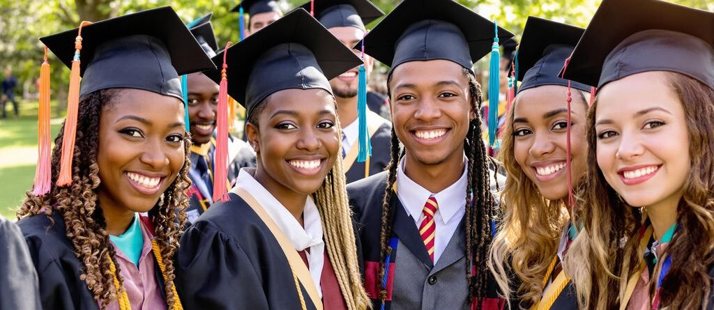 Graduates in caps and gowns celebrating outdoors.