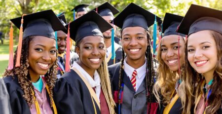 Graduates in caps and gowns celebrating outdoors.