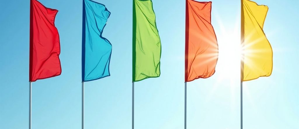 Vibrant feather flags wave against a blue sky.