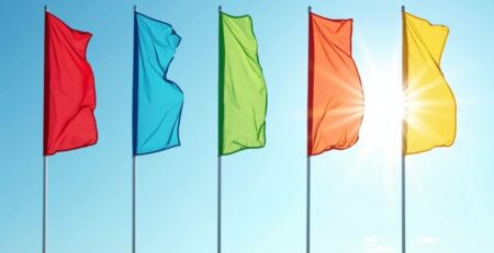 Vibrant feather flags wave against a blue sky.