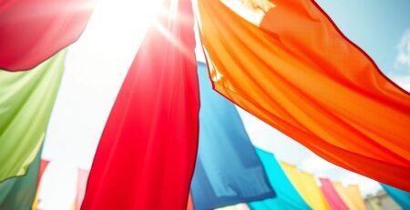 Colorful banners fluttering outdoors at a lively event.