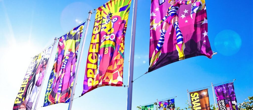 Colorful fabric banners fluttering outdoors.