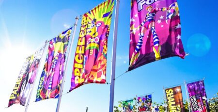 Colorful fabric banners fluttering outdoors.