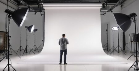 Photographer adjusting large white studio backdrop.