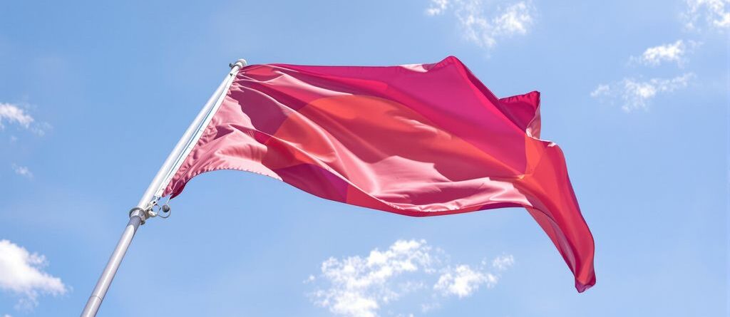 Banner brillante y colorido para exteriores contra el cielo azul.