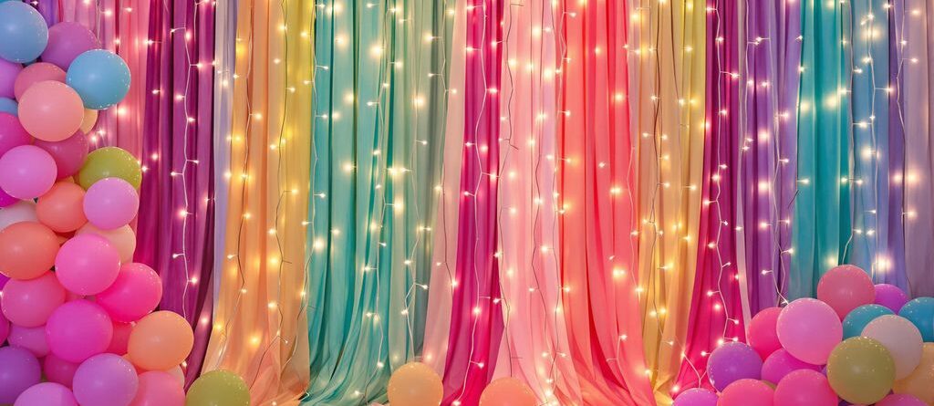 Colorido telón de fondo para fiestas con globos y luces.