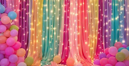 Colorido telón de fondo para fiestas con globos y luces.