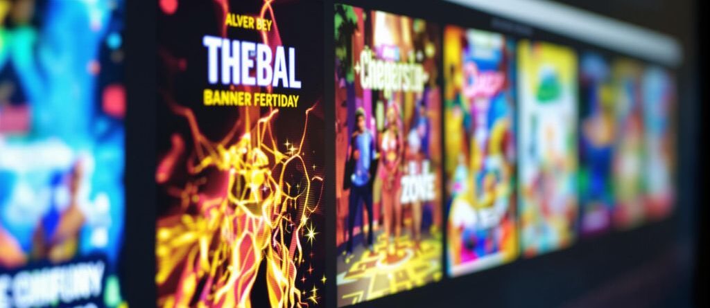 Glowing banners on a computer screen