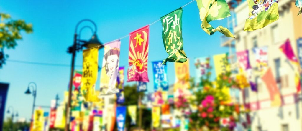 Coloridas pancartas en una calle soleada.