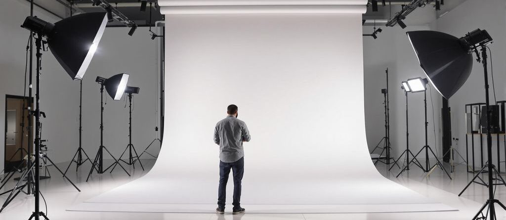 Fotógrafo ajustando un gran telón de fondo blanco en un estudio.