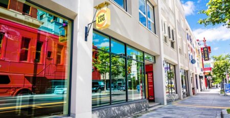 Vibrant storefront, clear sky