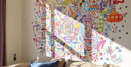 Decorated room with large wall decal.