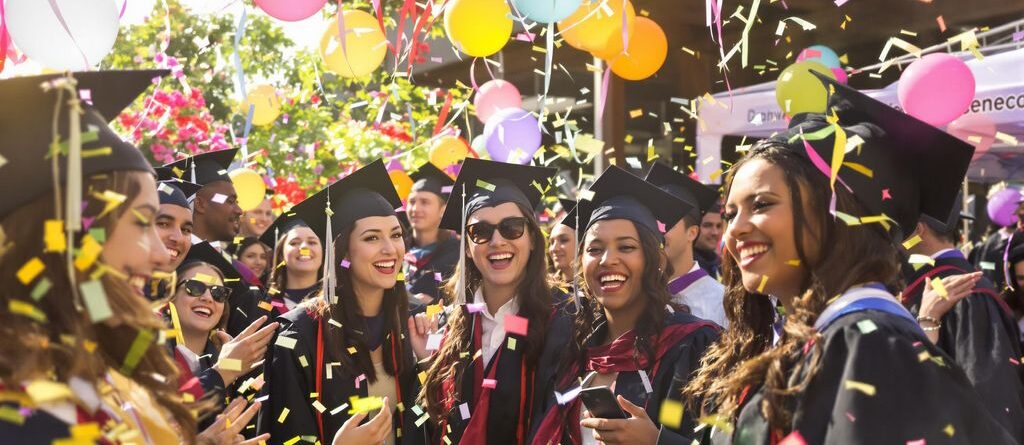 Fiesta de graduación con pancartas personalizadas.