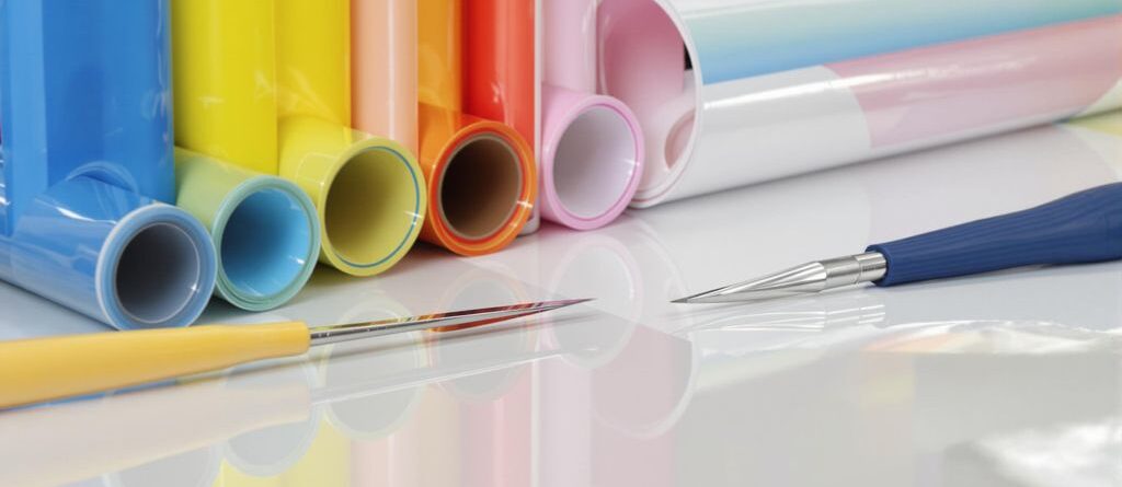 Rollos de vinilo coloridos, herramientas de corte, aplicación suave en la superficie.