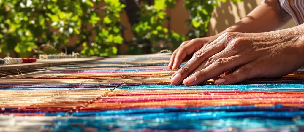 Mexican artisan weaving vibrant fabric outdoors.