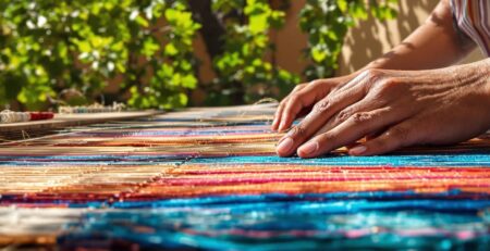 Mexican artisan weaving vibrant fabric outdoors.