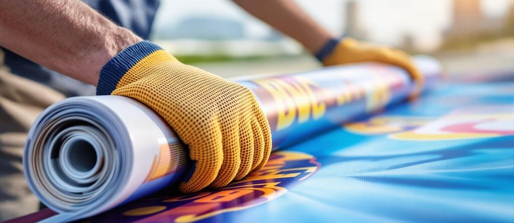 Man installing a large vinyl banner.