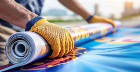 Man installing a large vinyl banner.