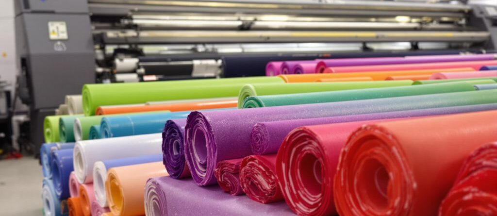 Rolls of colorful fabric, large format printer