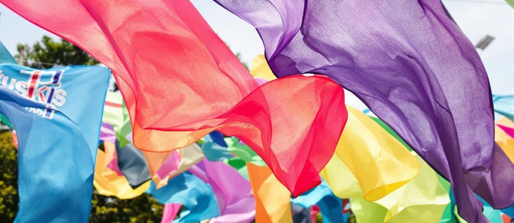 Colorful banners fluttering in a vibrant outdoor setting.