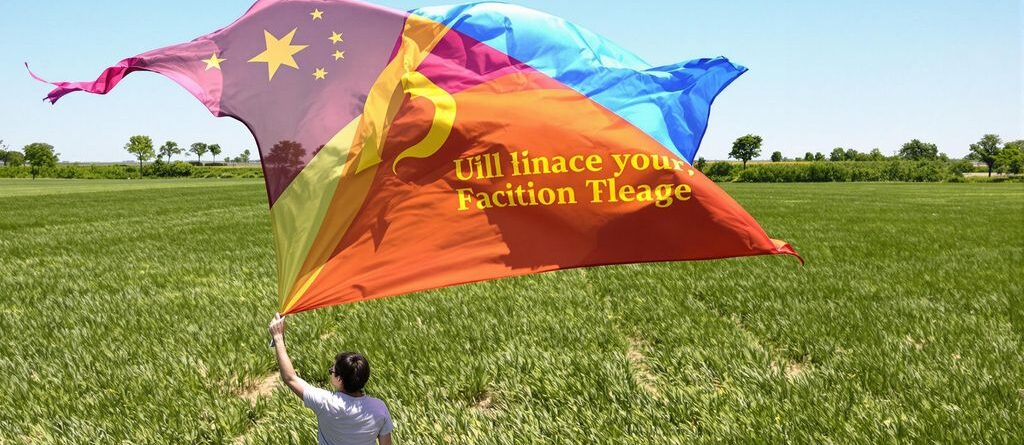 Person holding a teardrop flag outdoors.
