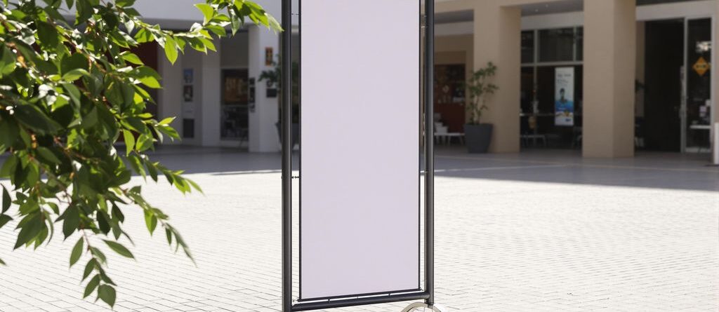 Heavy-duty outdoor banner stand, commercial setting.