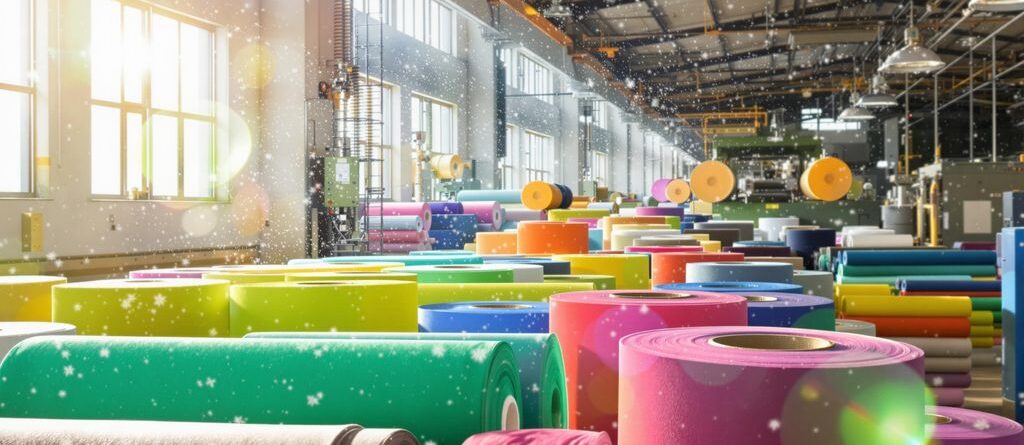Rollos de tela, coloridos, iluminados por el sol, interior de fábrica