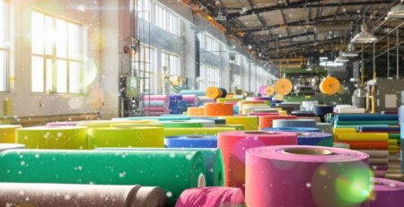 Rollos de tela, coloridos, iluminados por el sol, interior de fábrica